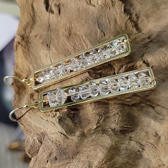 Stacked Sparkle Gold Framed Drop Earrings, lightweight - Picture 2 of 9